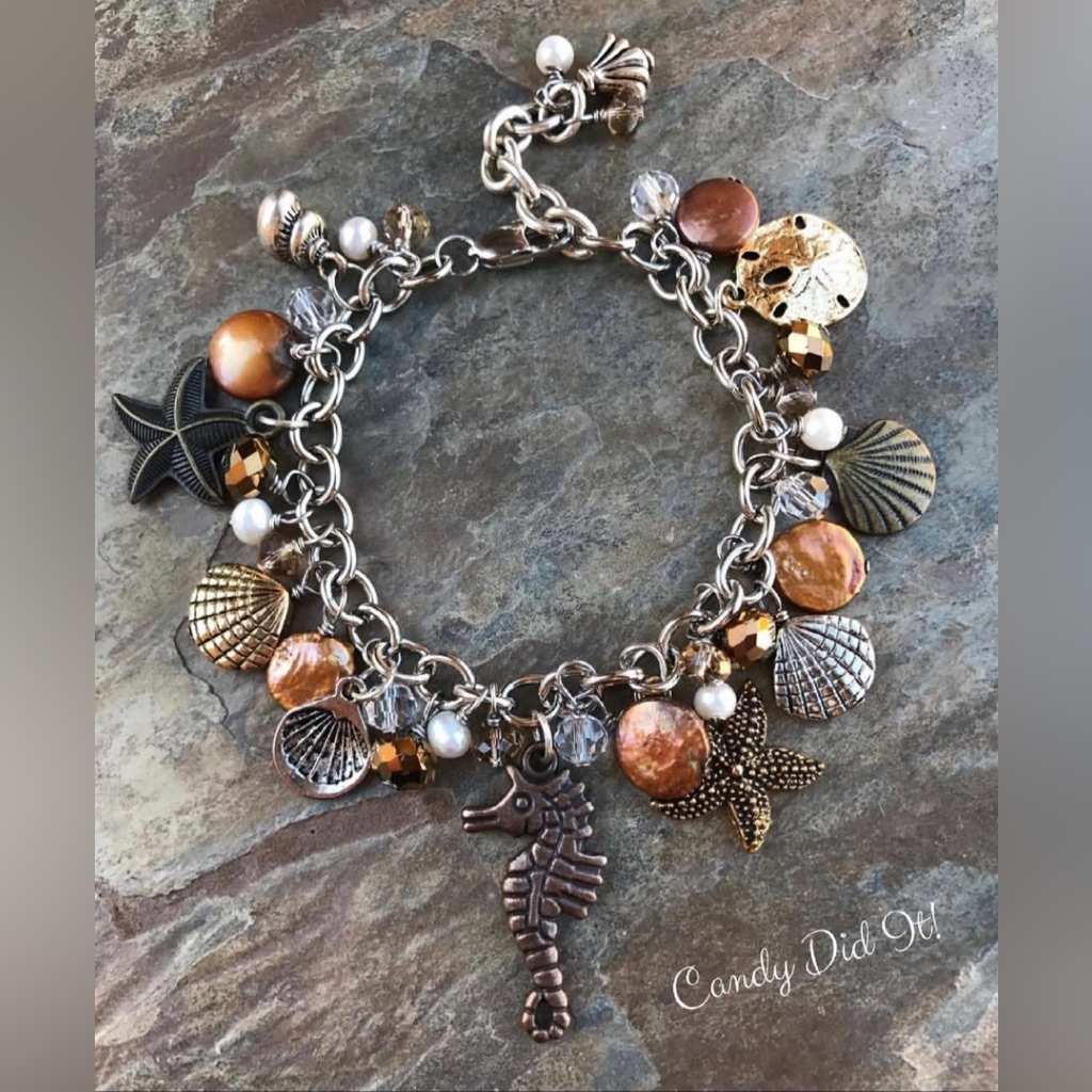 Nwt Summer Style Just Beachy Charm Bracelet With Beach Charms, Pearls & Crystals